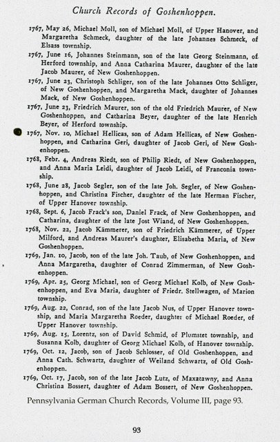 PGCR page 93 Michael Hillegas marriage 1767 Goshenhoppen Church