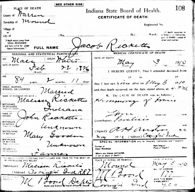Jacob Ricketts Death Certificate 