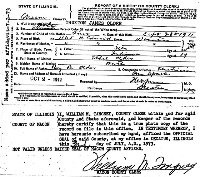birth certificate Truxton J Older 