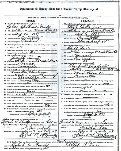 Ethel Belle Fox Robert William Gouty marriage license p1 