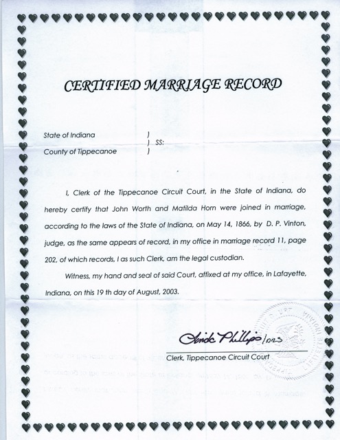 John C. Worth - Matilda Horn marriage certified record  .jpg