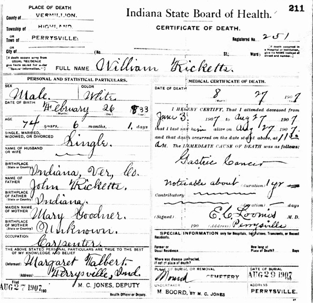 William Ricketts death certificate naming parents