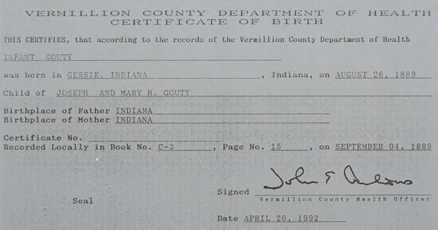 Robert W Gouty birth certificate 